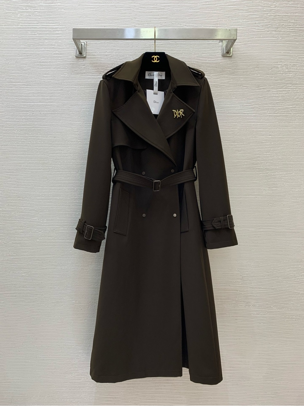 Dior Dark Brown Long Sleeve Trench Coat Dress with Gold Pin
